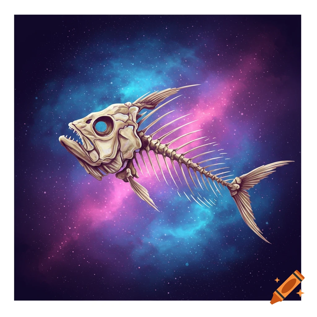 Stylized fish skeleton floating in a vibrant purple and blue space nebula