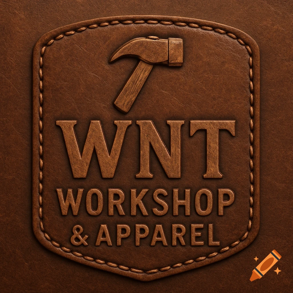 Brown leather embossed logo with a hammer and the text 'WNT WORKSHOP & APPAREL'