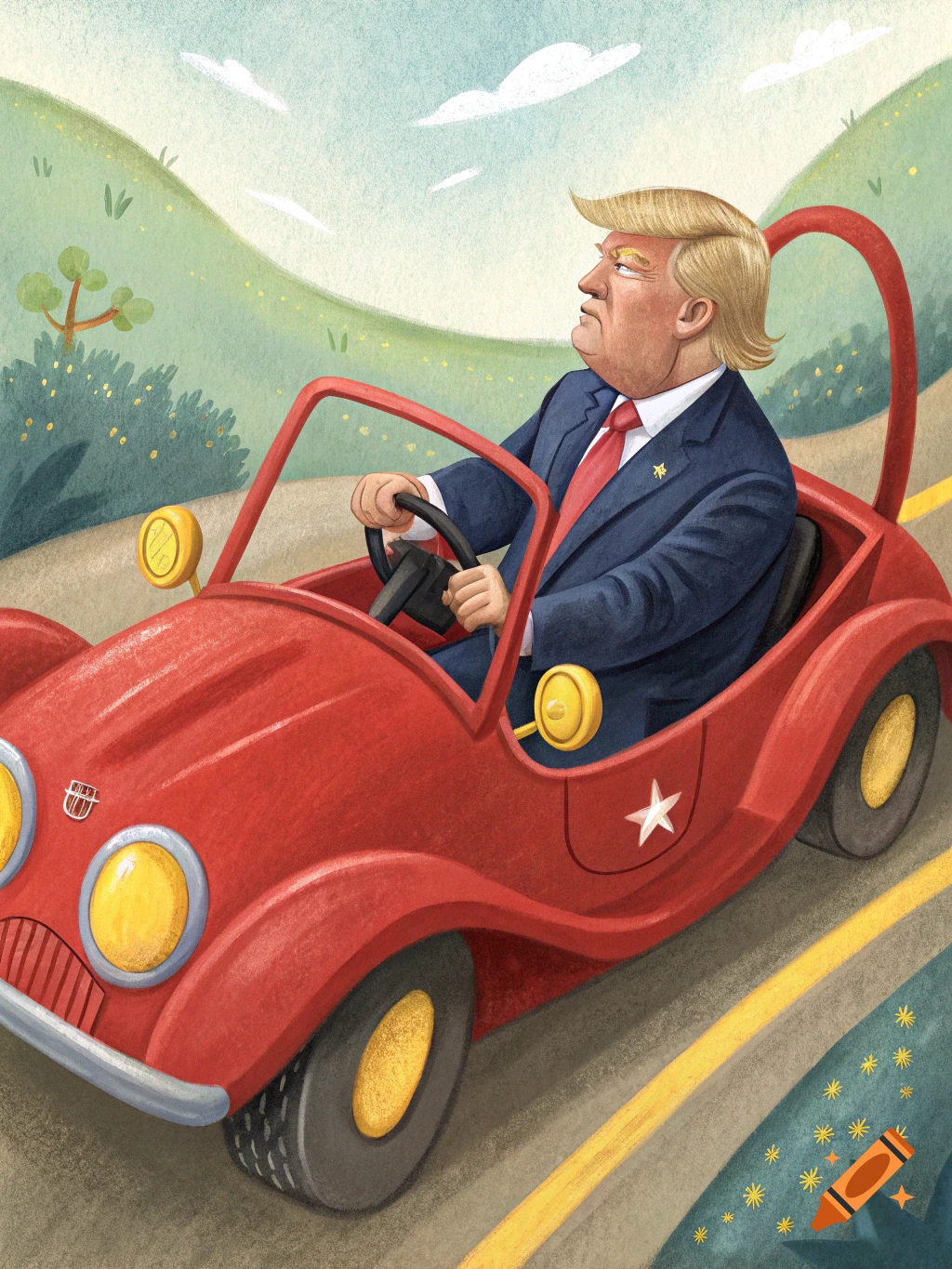 Illustration of Donald Trump driving a red toy car.