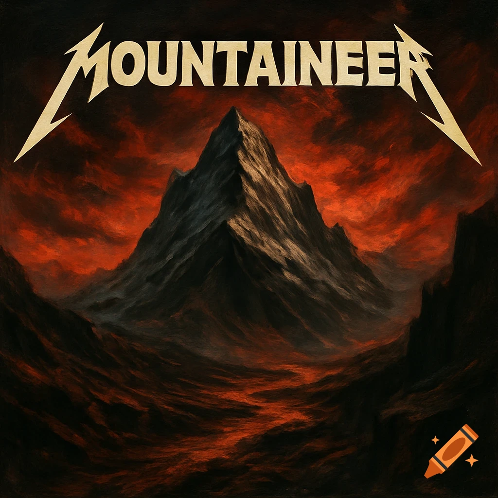 Album cover art for Mountaineer featuring a dramatic mountain landscape under a fiery red sky.