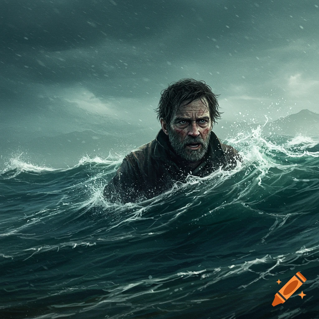 A man struggling in rough seas during a stormy sky.