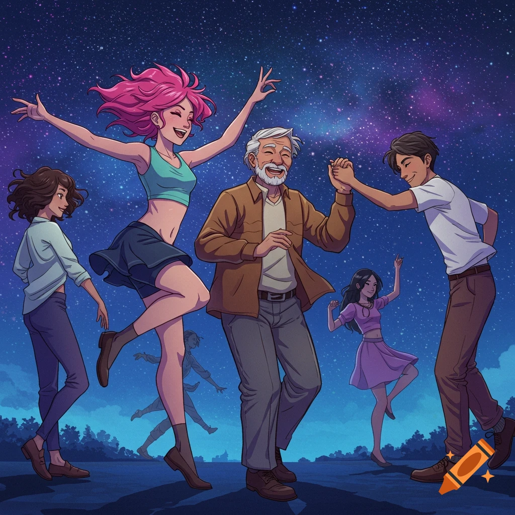 An illustration of a diverse group of people dancing happily under a starry night sky.