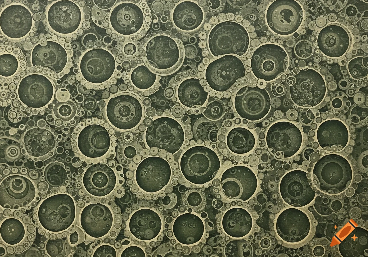 A detailed abstract pattern of interlocking circles in shades of grey and beige.