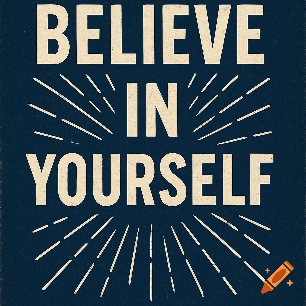 Navy blue poster with cream text 'BELIEVE IN YOURSELF' and sunburst lines.