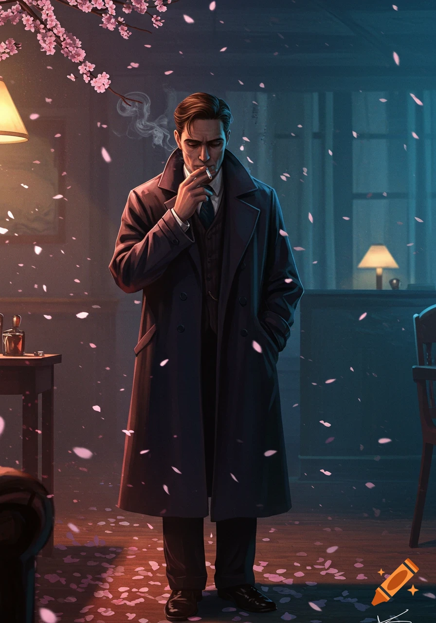 Stylized illustration of a man in a trench coat smoking indoors with falling cherry blossoms.