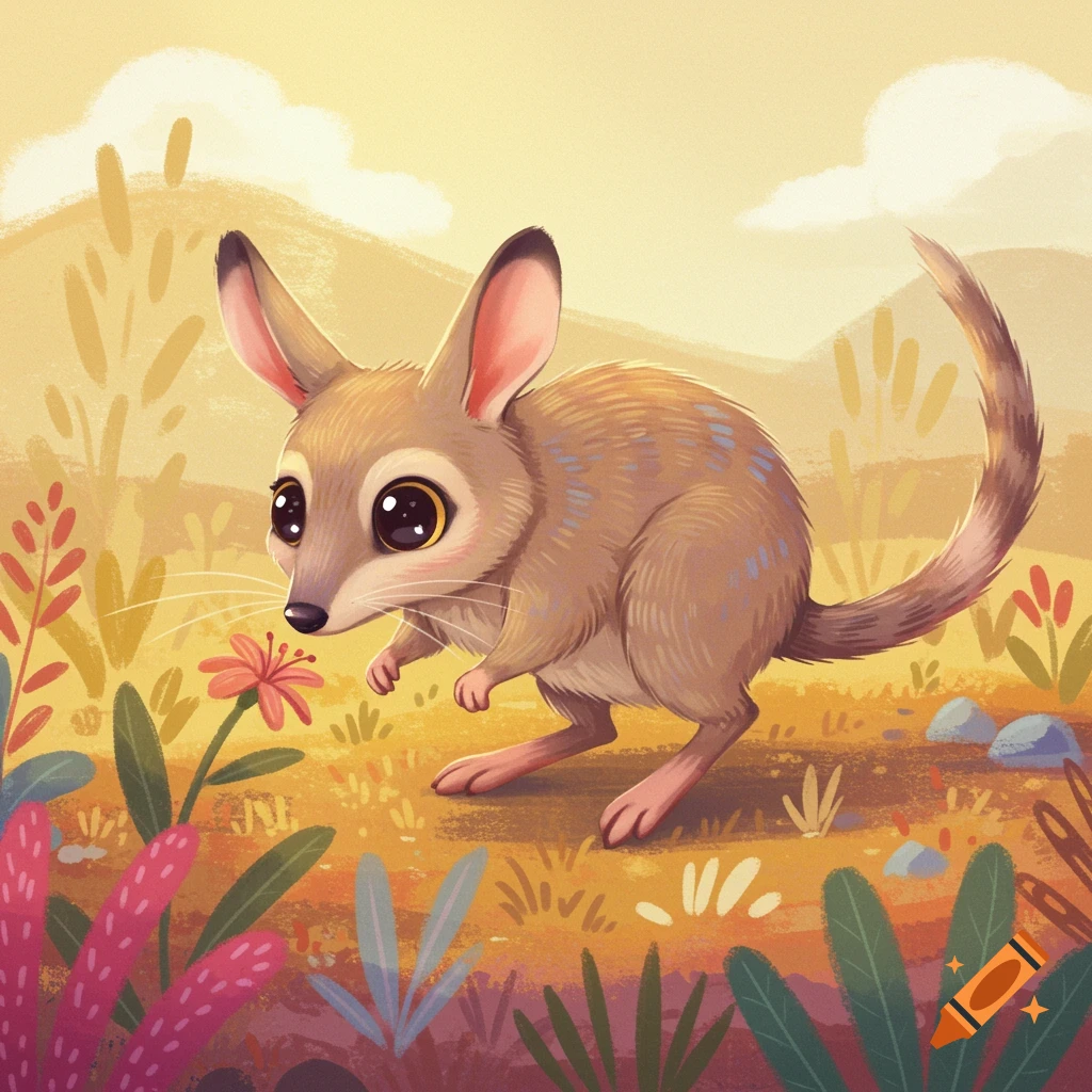 Cute illustrated Bilby in a colorful desert landscape.