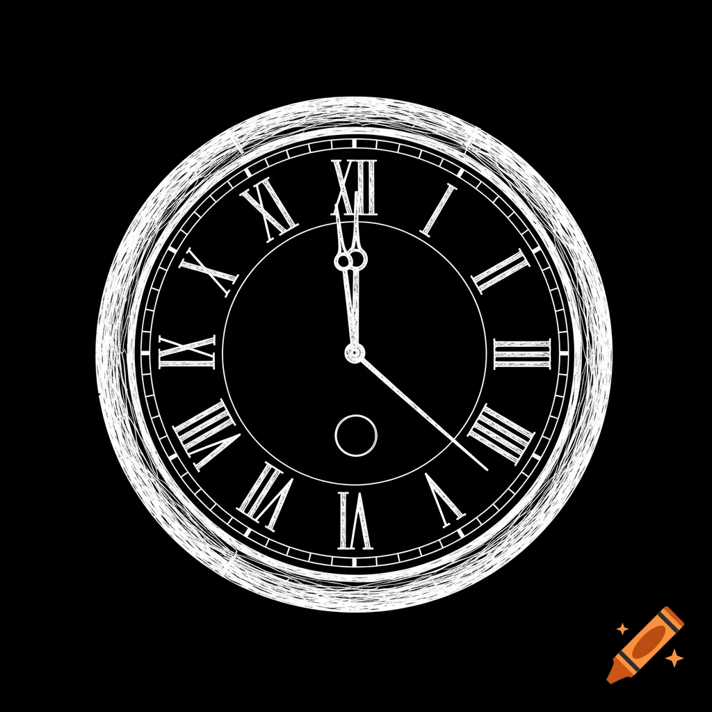A white sketched clock with Roman numerals on a black background, hands pointing to 12.