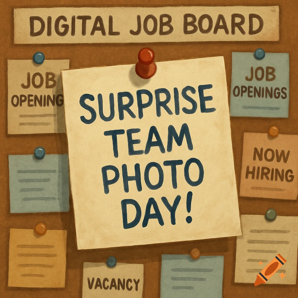 A stylized illustration of a digital job board with pinned notes. The ...