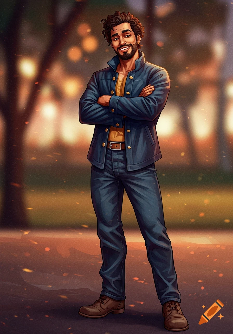 An illustration of a smiling man with dark curly hair and a beard, wearing a blue jacket and jeans, standing with crossed arms in a park setting.