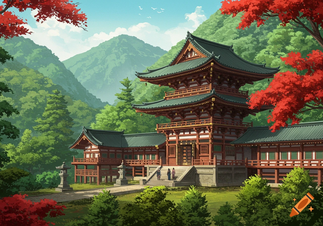 A traditional multi-tiered Japanese temple sits in a valley surrounded by green mountains and trees, with red leaves in the foreground, rendered in an anime style.
