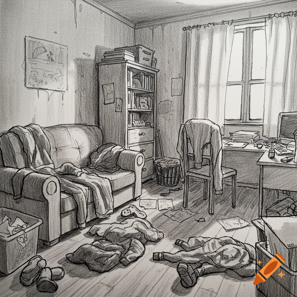Sketch of a messy room with clothes and books.