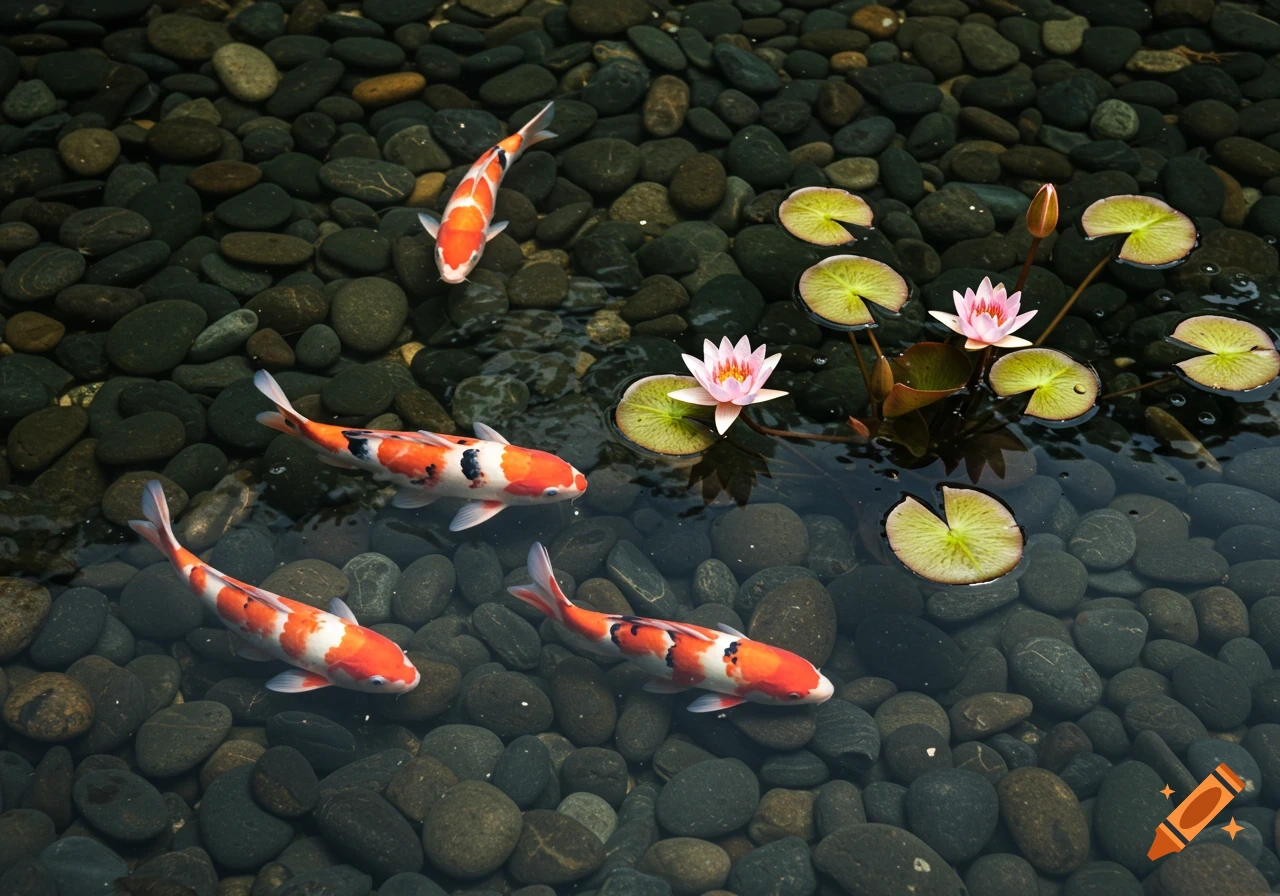 Several orange, white, and black koi fish swim among green lily pads and pink water lilies in a pebble-lined pond.