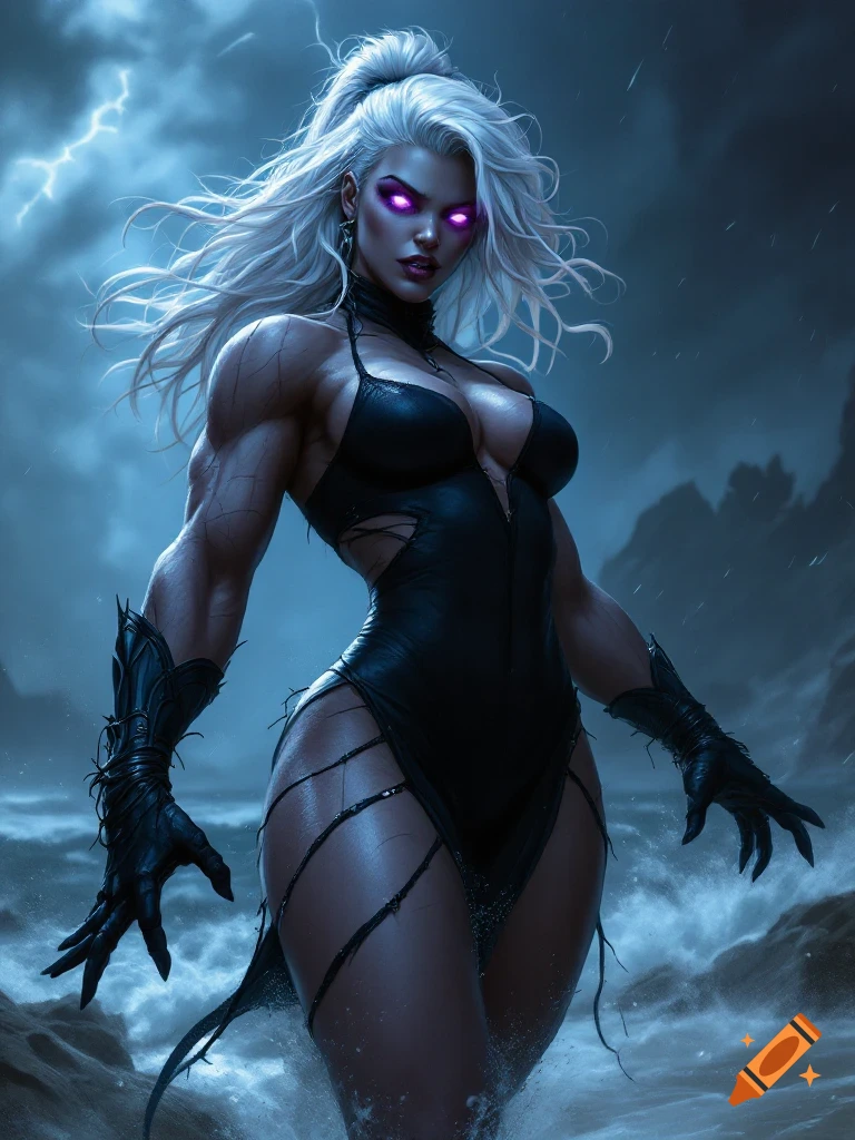 A muscular woman with white hair and glowing purple eyes stands in a stormy sea.