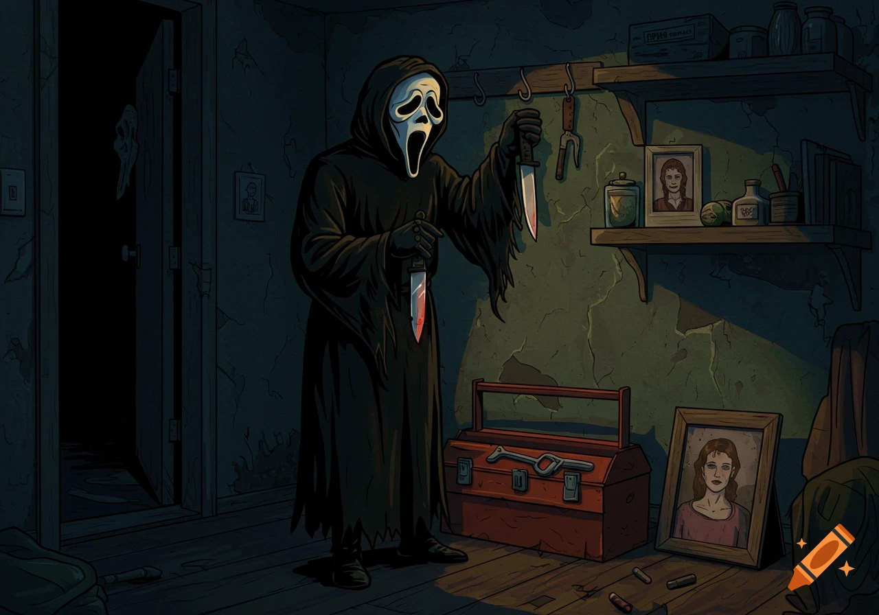 Ghostface holds two bloody knives in a dimly lit room with photos and a toolbox.