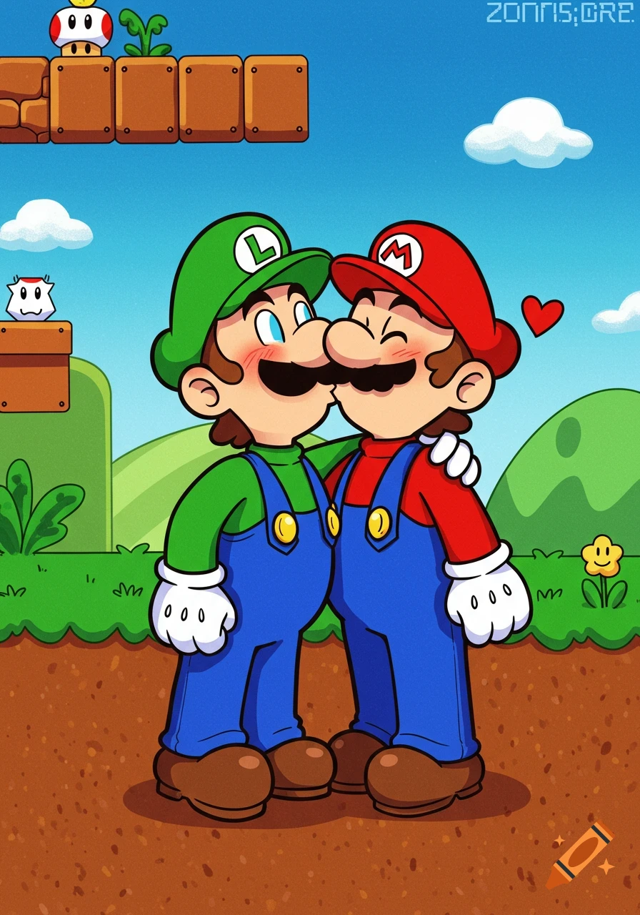 Cartoon illustration of Mario and Luigi kissing in a Super Mario game setting.