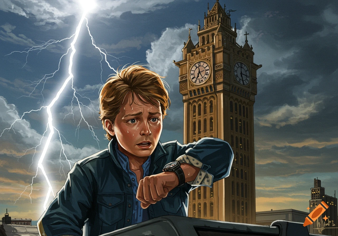 Illustration of a worried man looking at his watch as lightning strikes a clock tower similar to Big Ben.