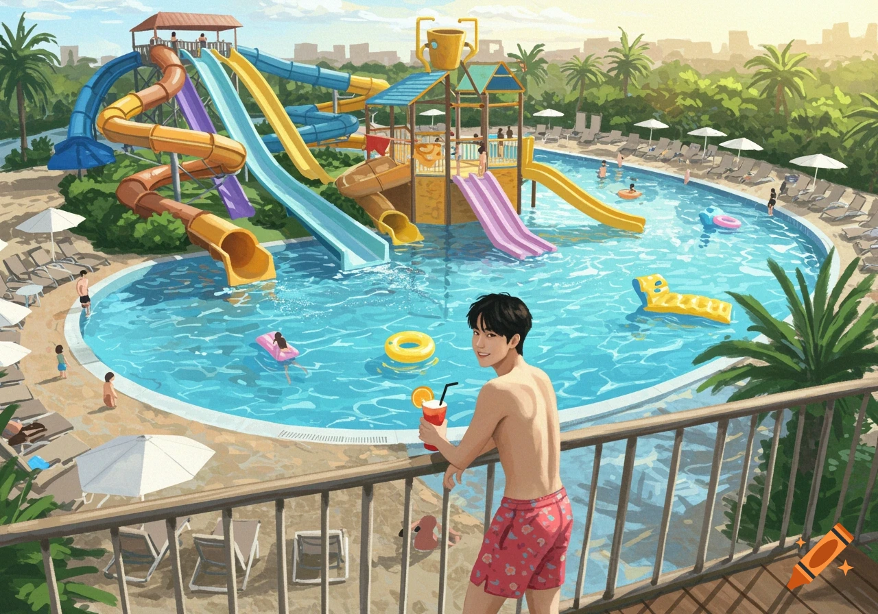 Illustration of a lively water park scene with slides, pool, and people.