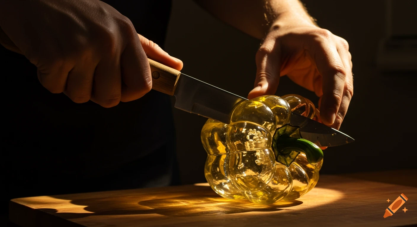 Hands cutting a glass bell pepper with a knife under dramatic lighting.