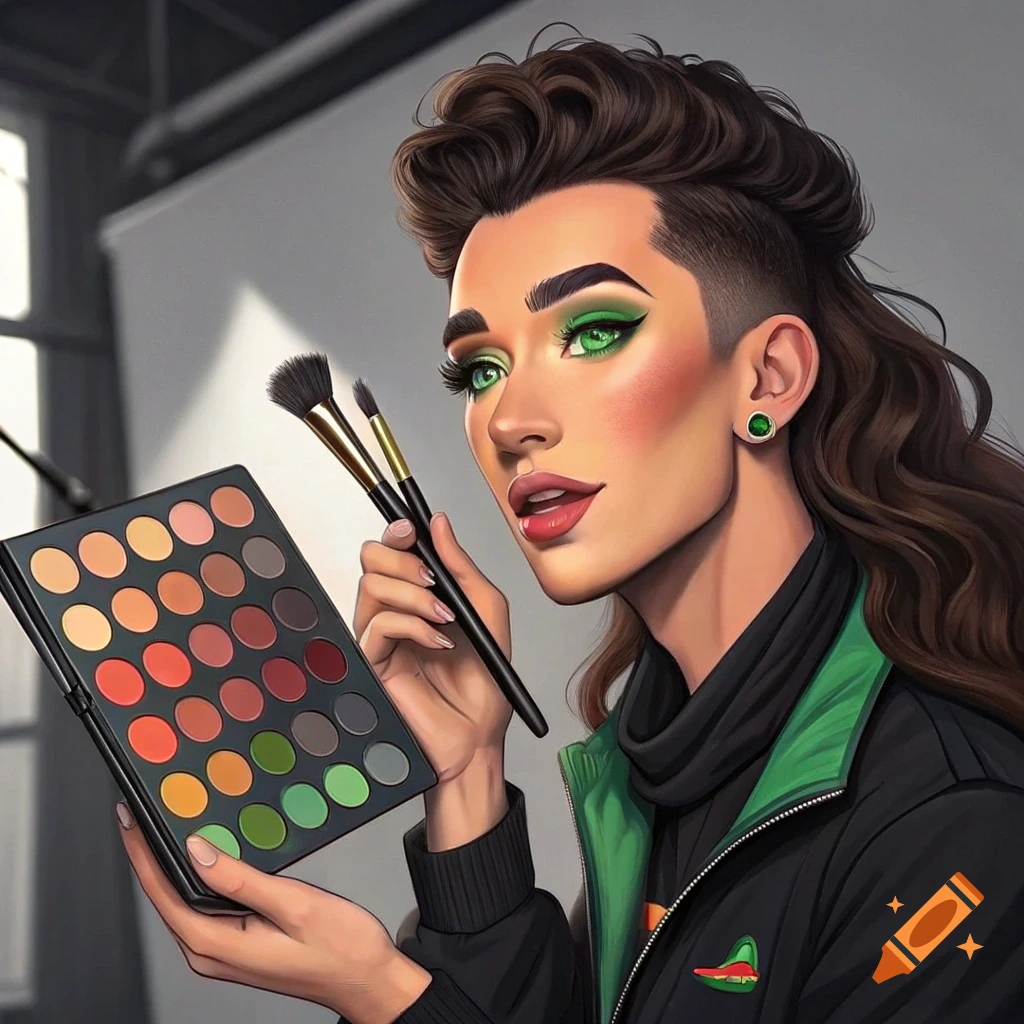 Digital painting of a person with green eyeshadow holding a makeup palette and brushes