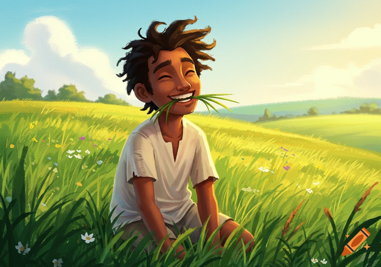 An illustration of a happy boy sitting in a sunny field and eating grass.