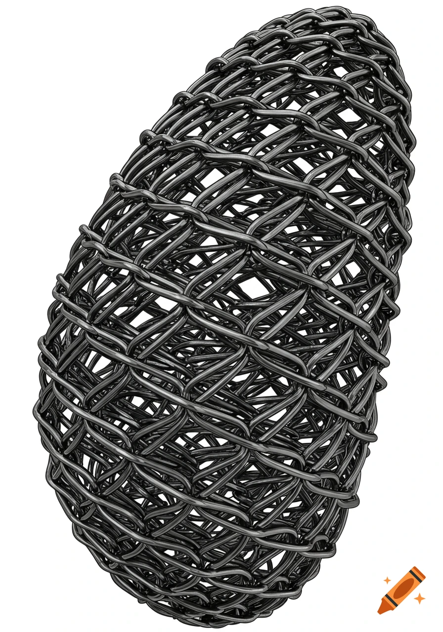 Close-up digital render of a dark gray metallic wire mesh structure on a white background.