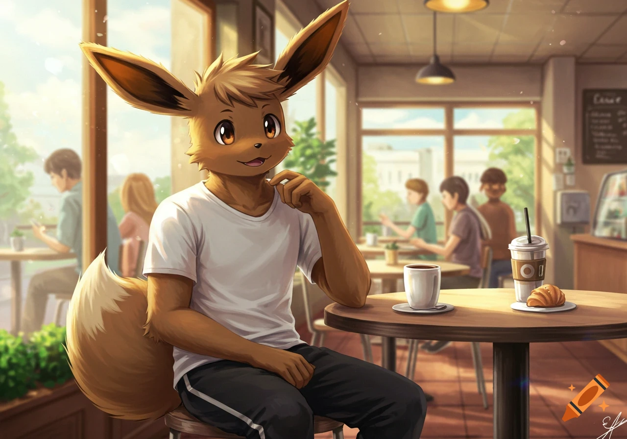 Anthropomorphic Eevee wearing a white t-shirt and black pants sits at a cafe table with coffee and a croissant.