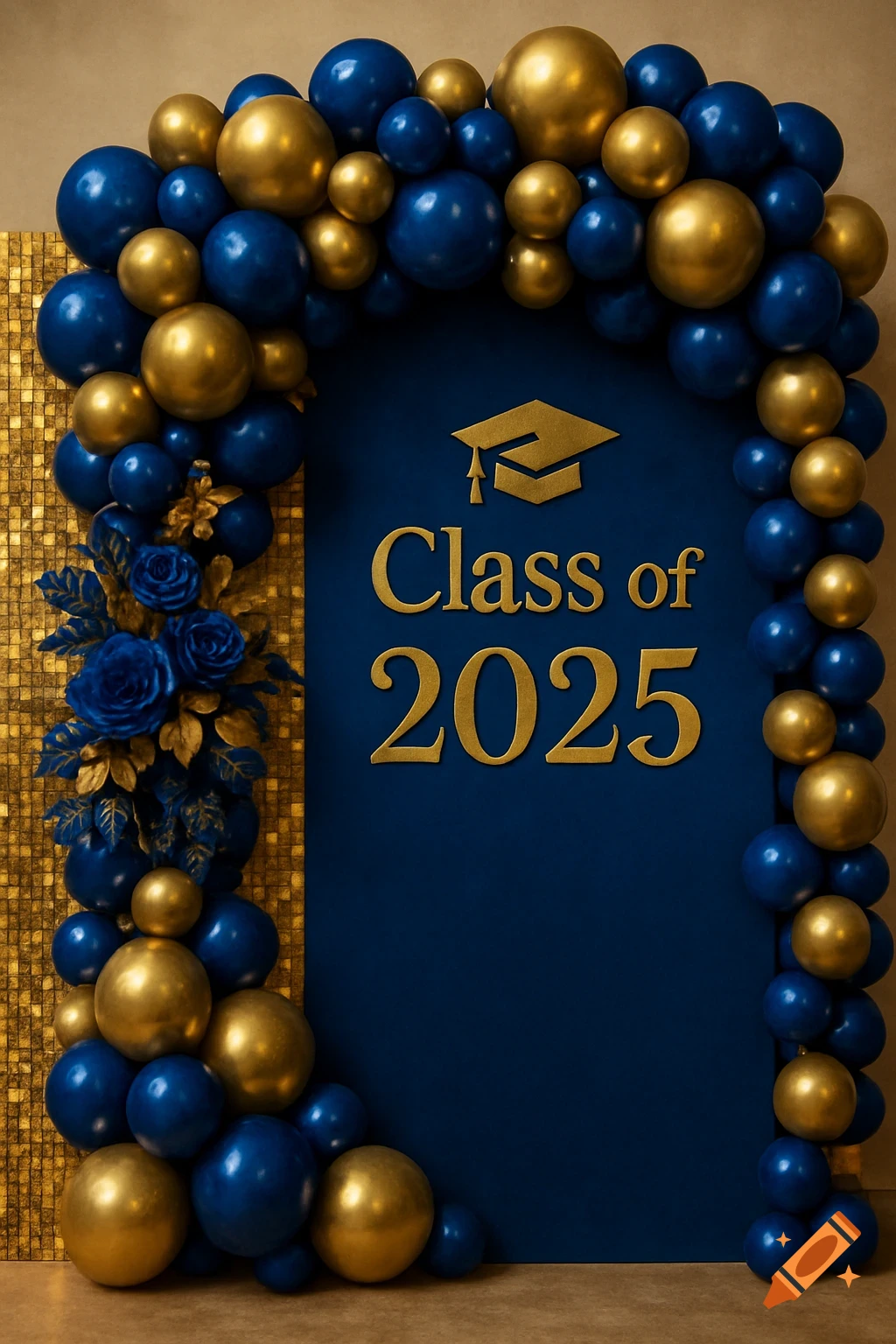 Graduation backdrop with blue and gold balloon garland, flowers, and 'Class of 2025' text.