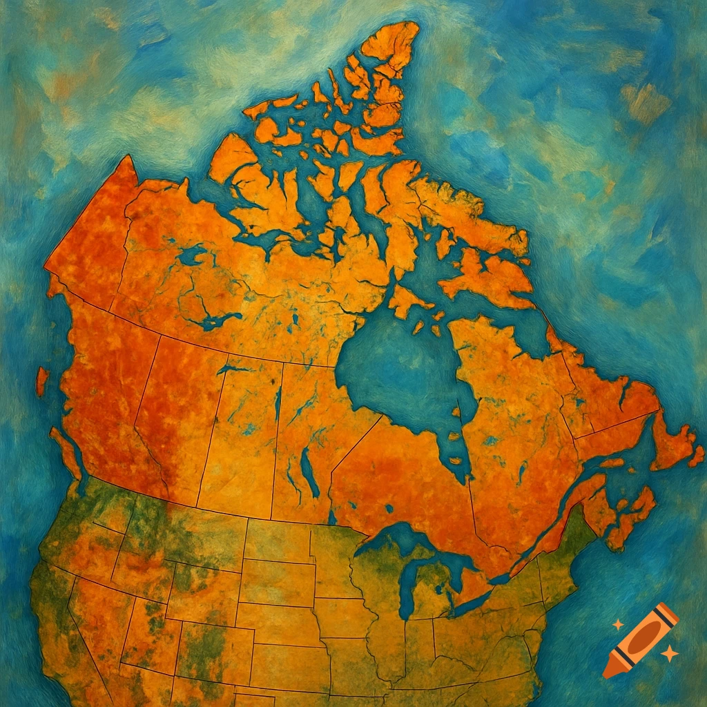 Painting of a map of Canada and northern US.