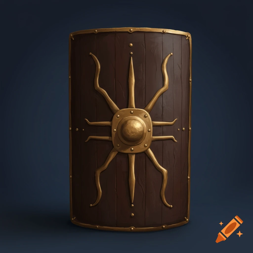 A Roman scutum shield with a golden sun-like symbol against a dark background.