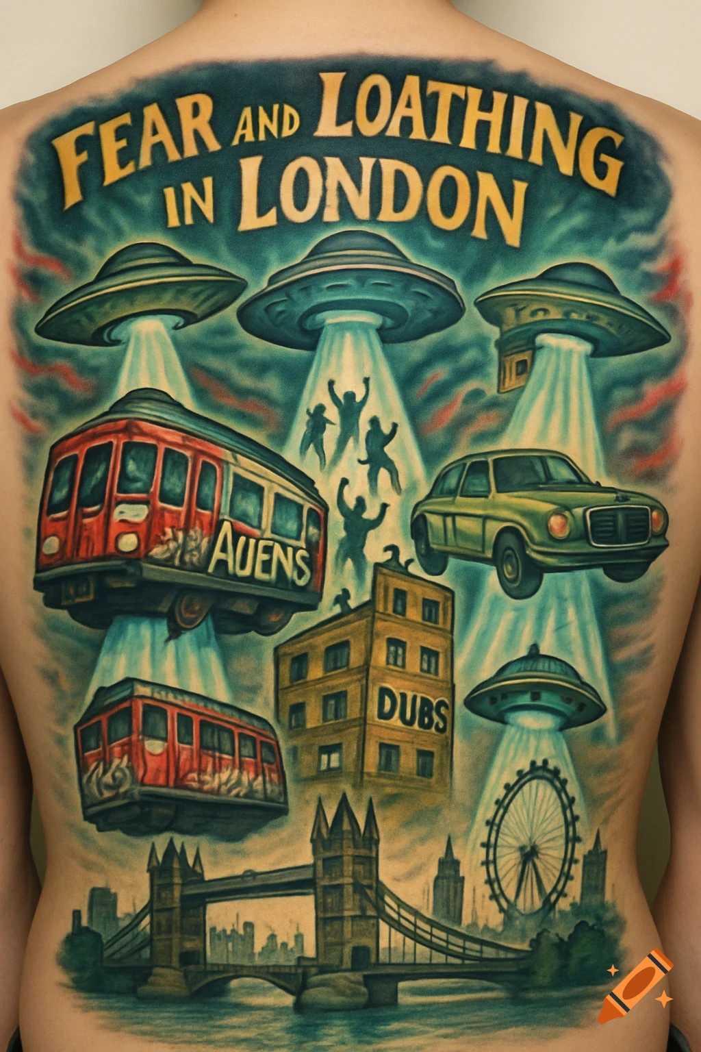 Stylized tattoo of UFOs abducting London landmarks, vehicles, and people, with text "FEAR AND LOATHING IN LONDON" at the top.