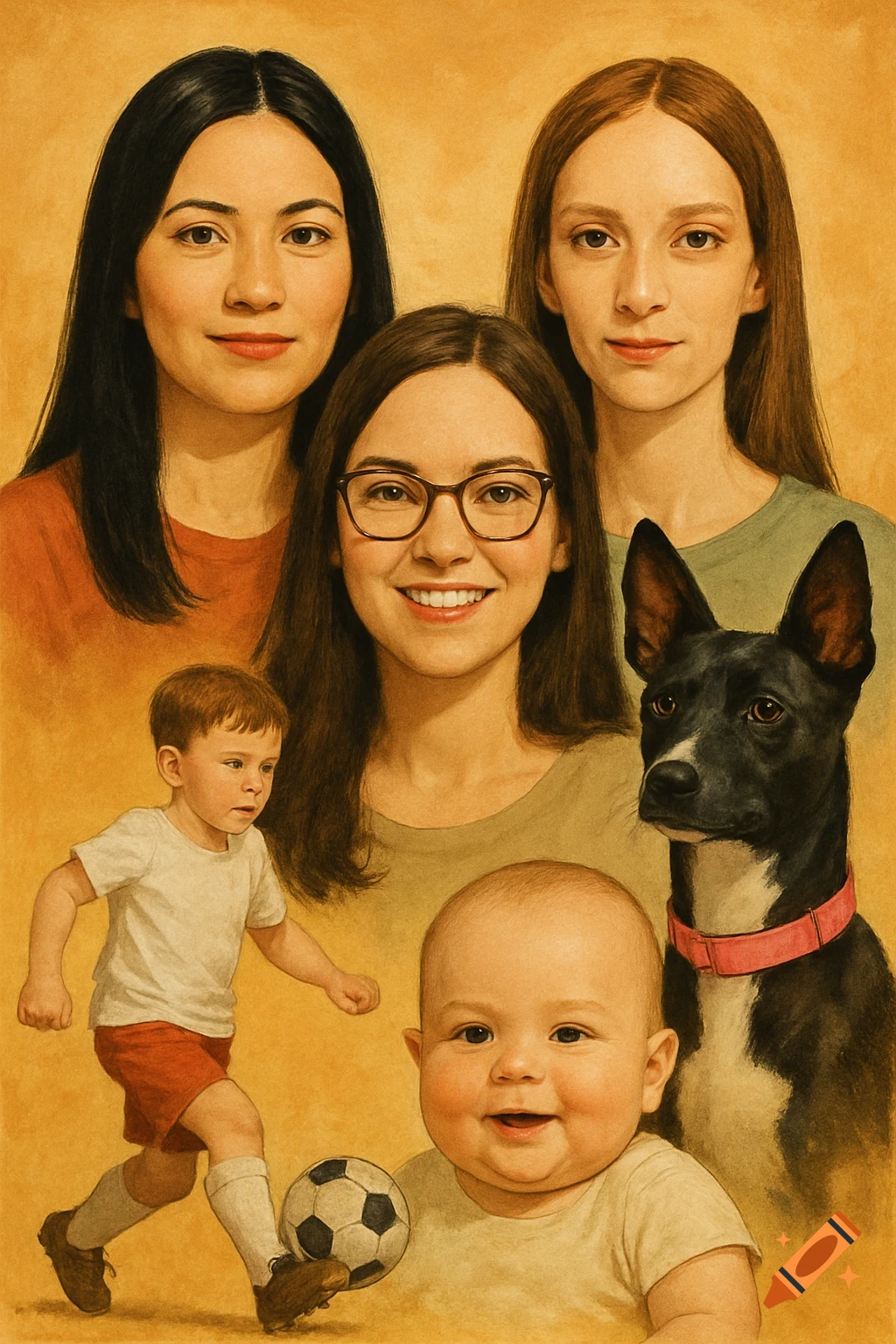 Illustration of three women, a dog with a pink collar, a boy playing soccer, and a baby.
