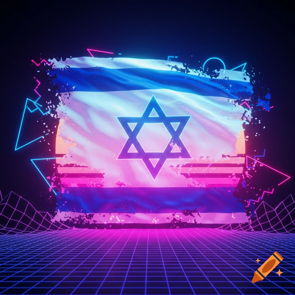 Israeli flag rendered in neon retrowave style with grid and geometric shapes