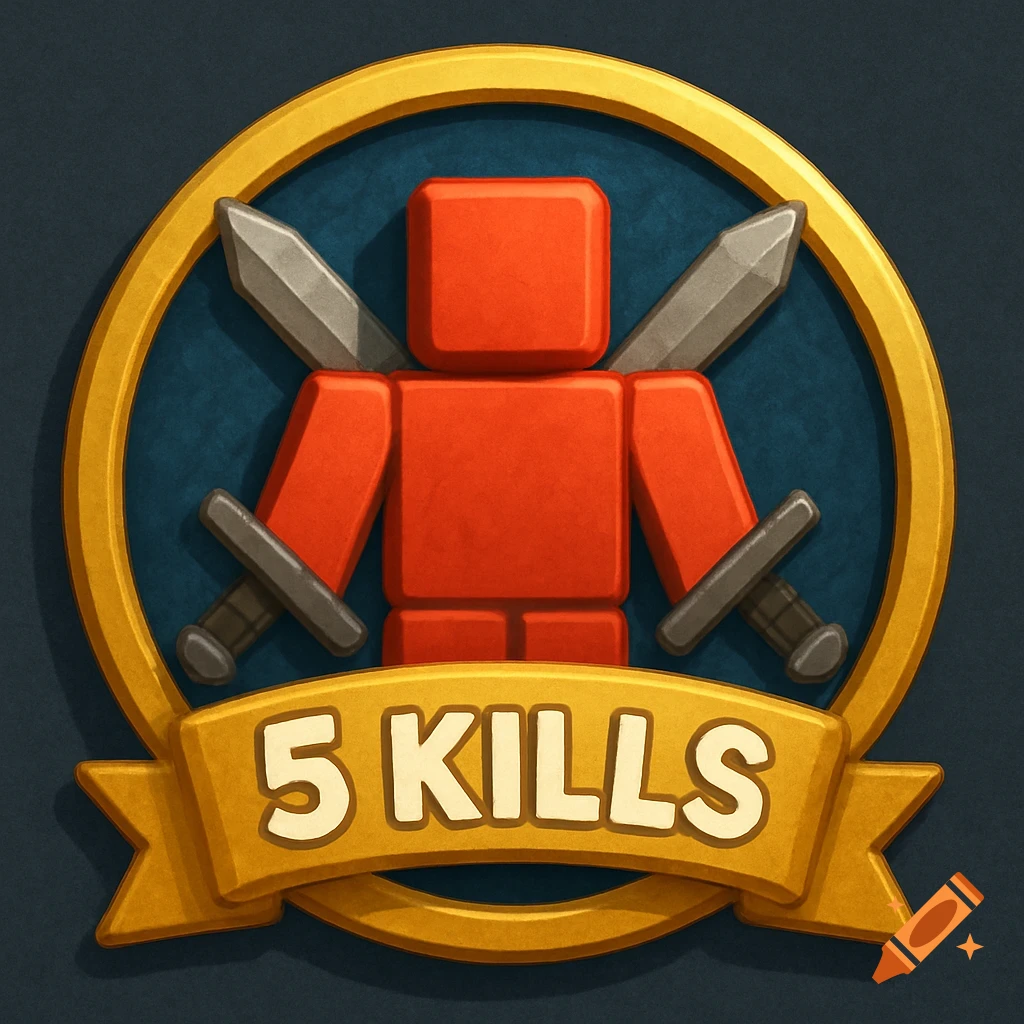 A game badge featuring a red blocky figure, crossed swords, and the text '5 KILLS'