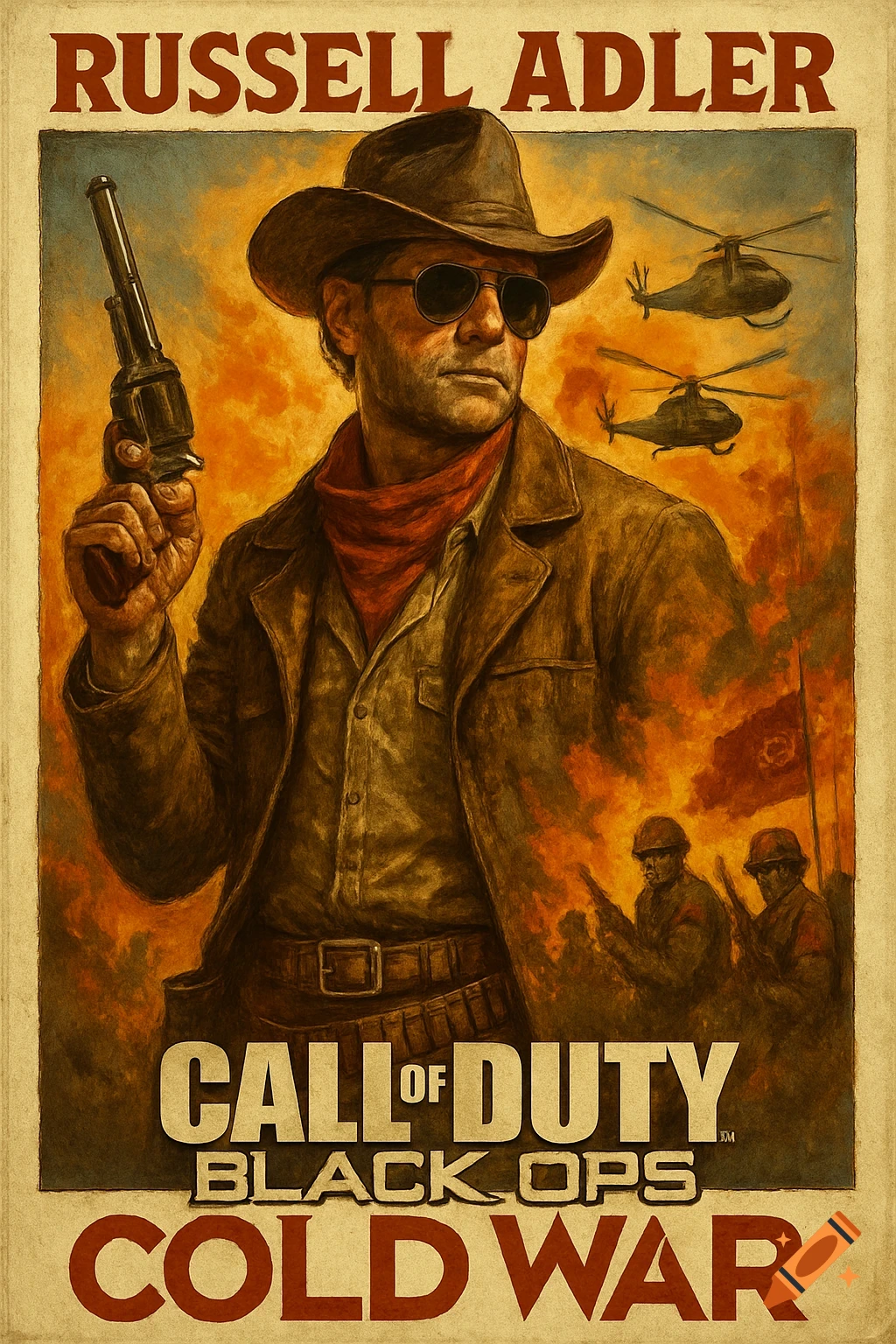 Western movie poster of Call of Duty's Russell Adler in a cowboy hat holding a gun, with helicopters and soldiers.