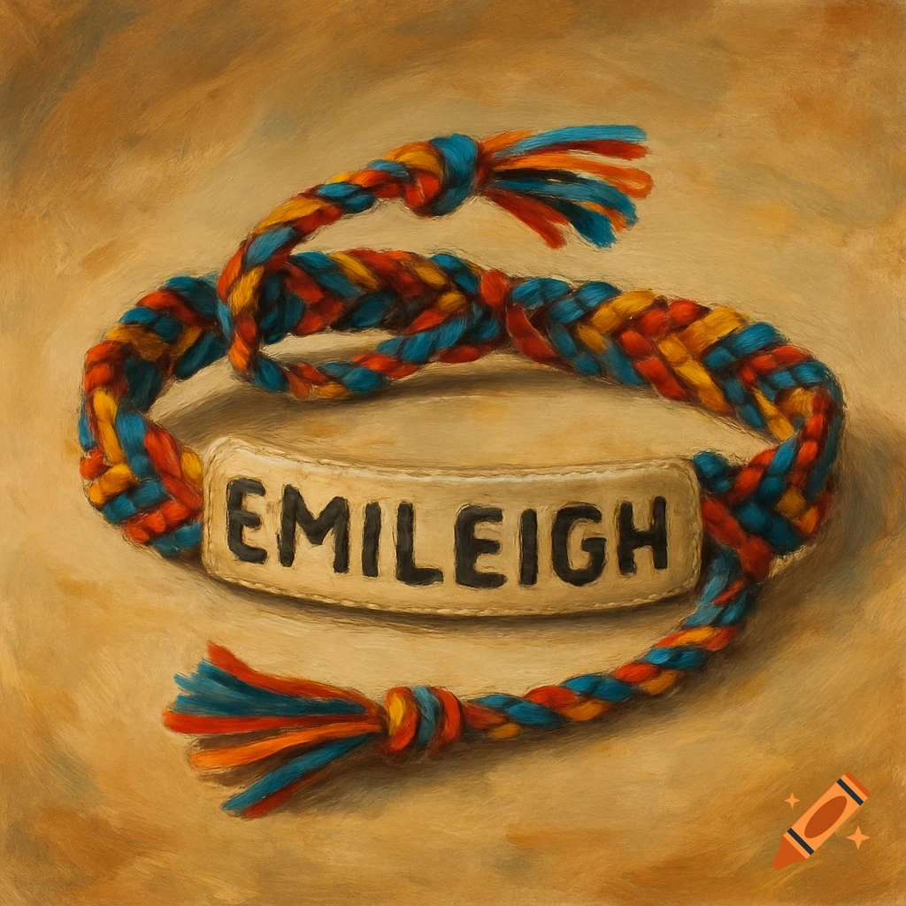 A close-up painting of a colorful braided friendship bracelet with a tag reading 'EMILEIGH'.