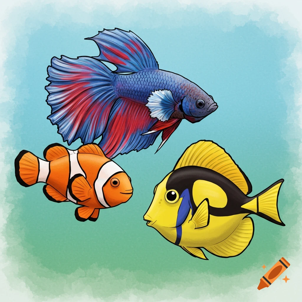 An illustration of a blue and red betta fish, an orange clownfish, and a yellow sailfin tang swimming.