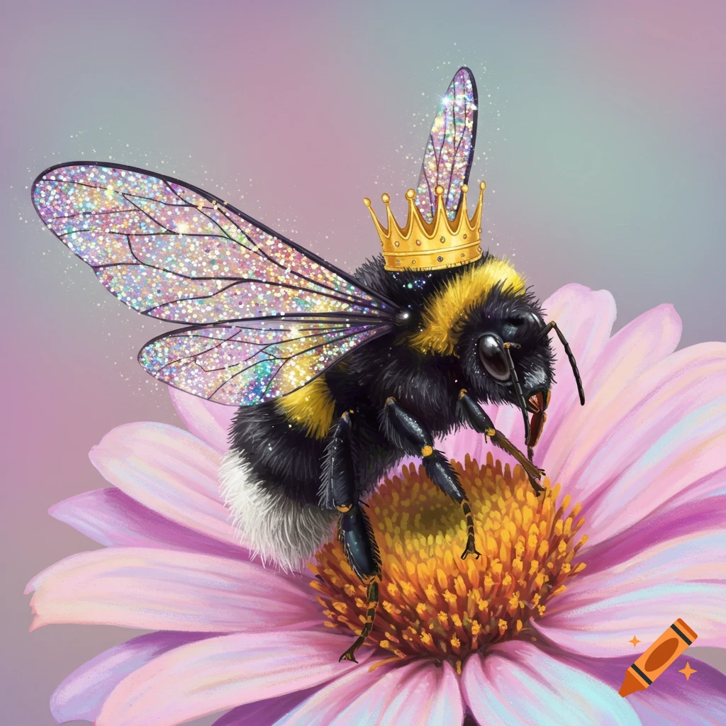 A bumblebee wearing a small gold crown and sparkling glitter wings sits on a pink and yellow flower.