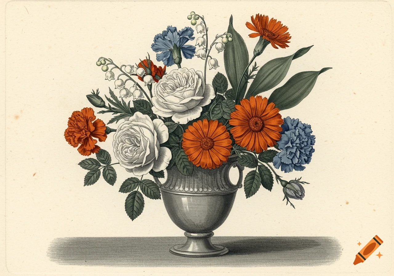 Engraving of a vase filled with roses, carnations, lilies of the valley, and marigolds.