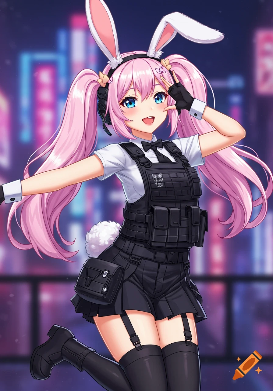 Anime girl with pink hair and bunny ears wears a tactical vest and shorts.