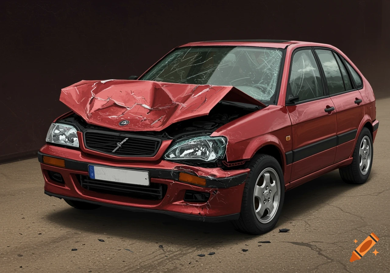 A red car with severe front-end damage, crumpled hood, and cracked windshield after a crash.