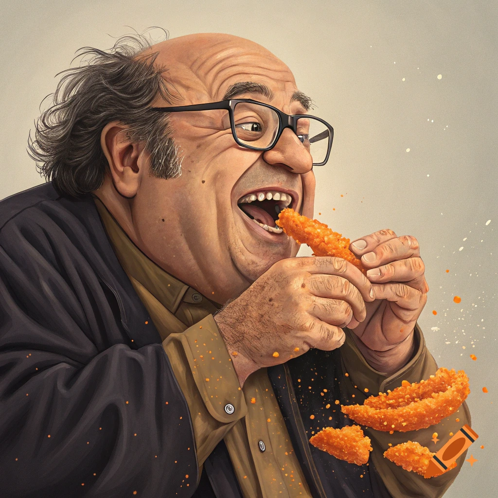 Caricature illustration of Danny DeVito enthusiastically eating an orange snack.