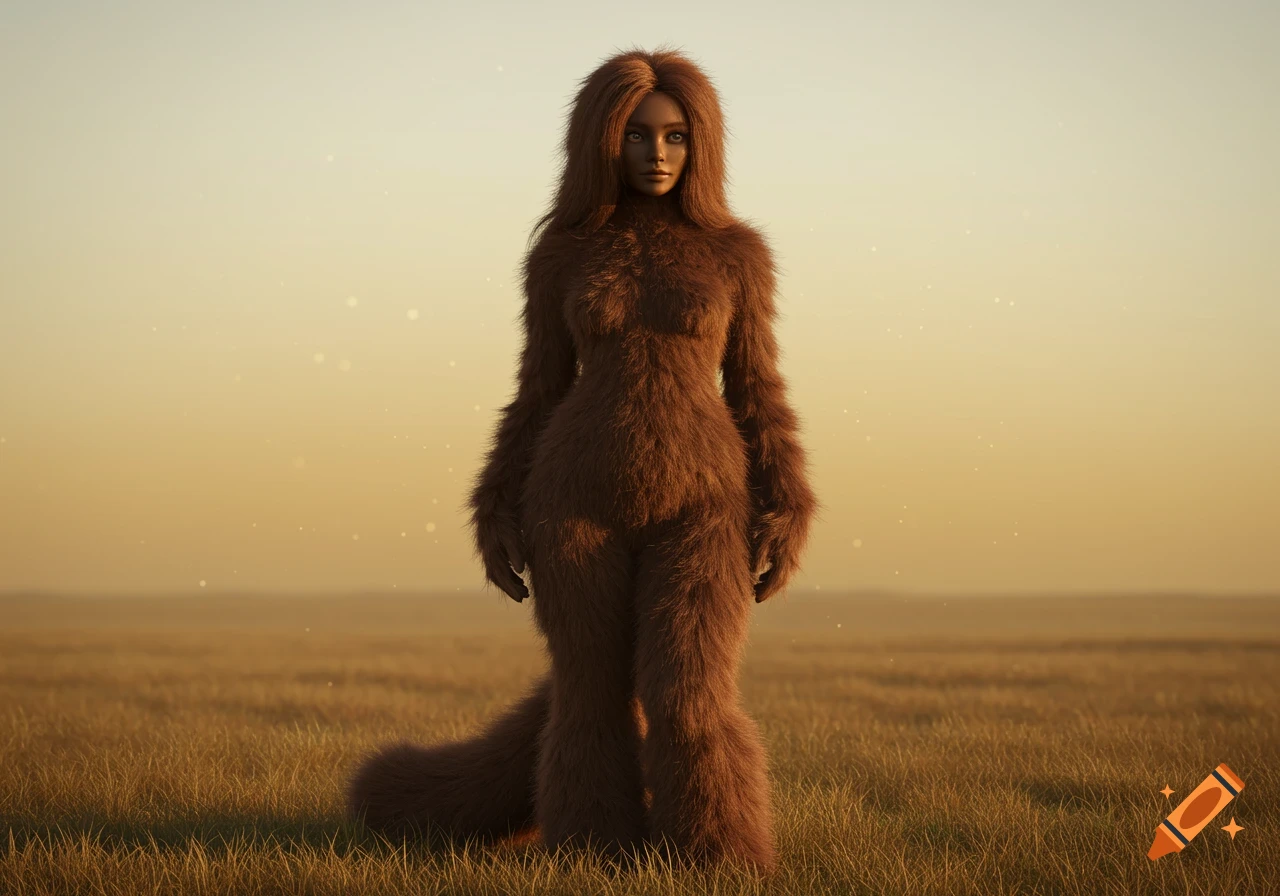A furry humanoid figure covered in brown fur stands in a grassy field under an orange sky at sunset.