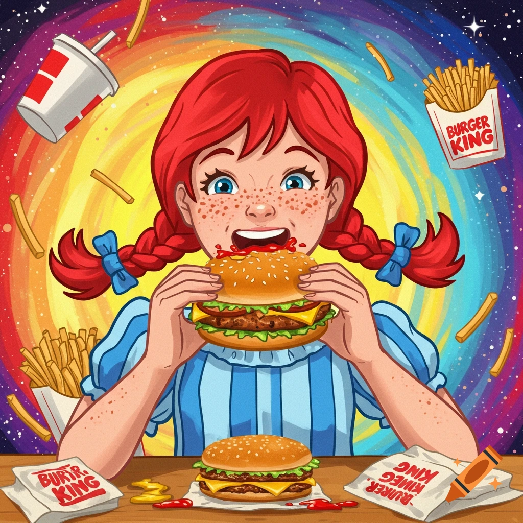 A cartoon image of the Wendy's mascot eating a Burger King burger with fries and a drink against a colorful background.
