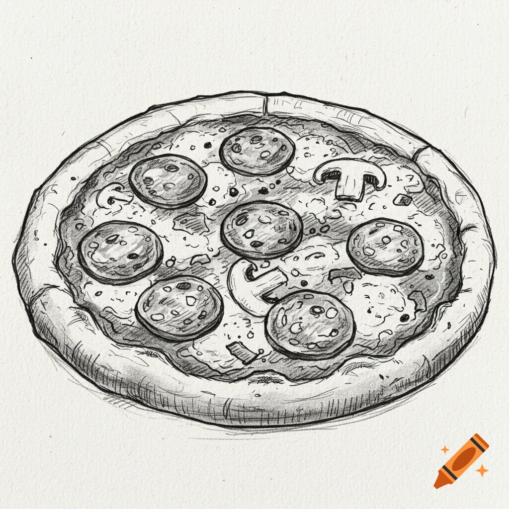 Black and white sketch of a pizza with pepperoni and mushrooms