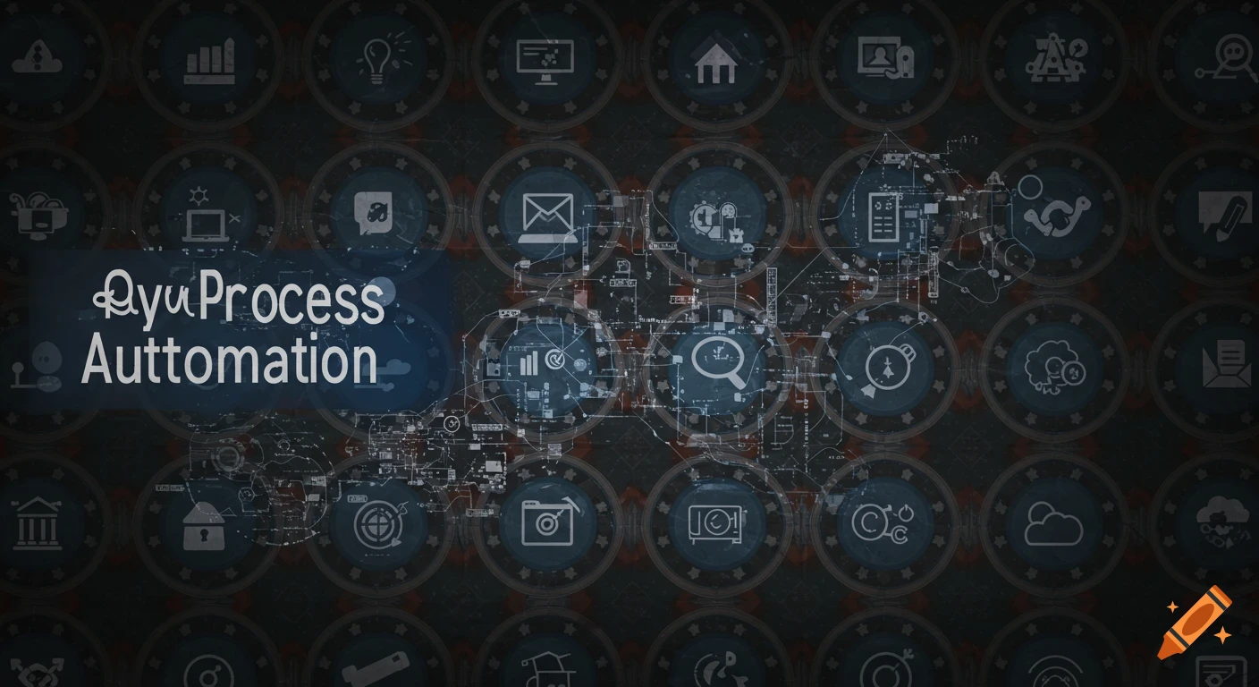 A dark background pattern with tech icons, lines, and the text 'QyuProcess Automation'.