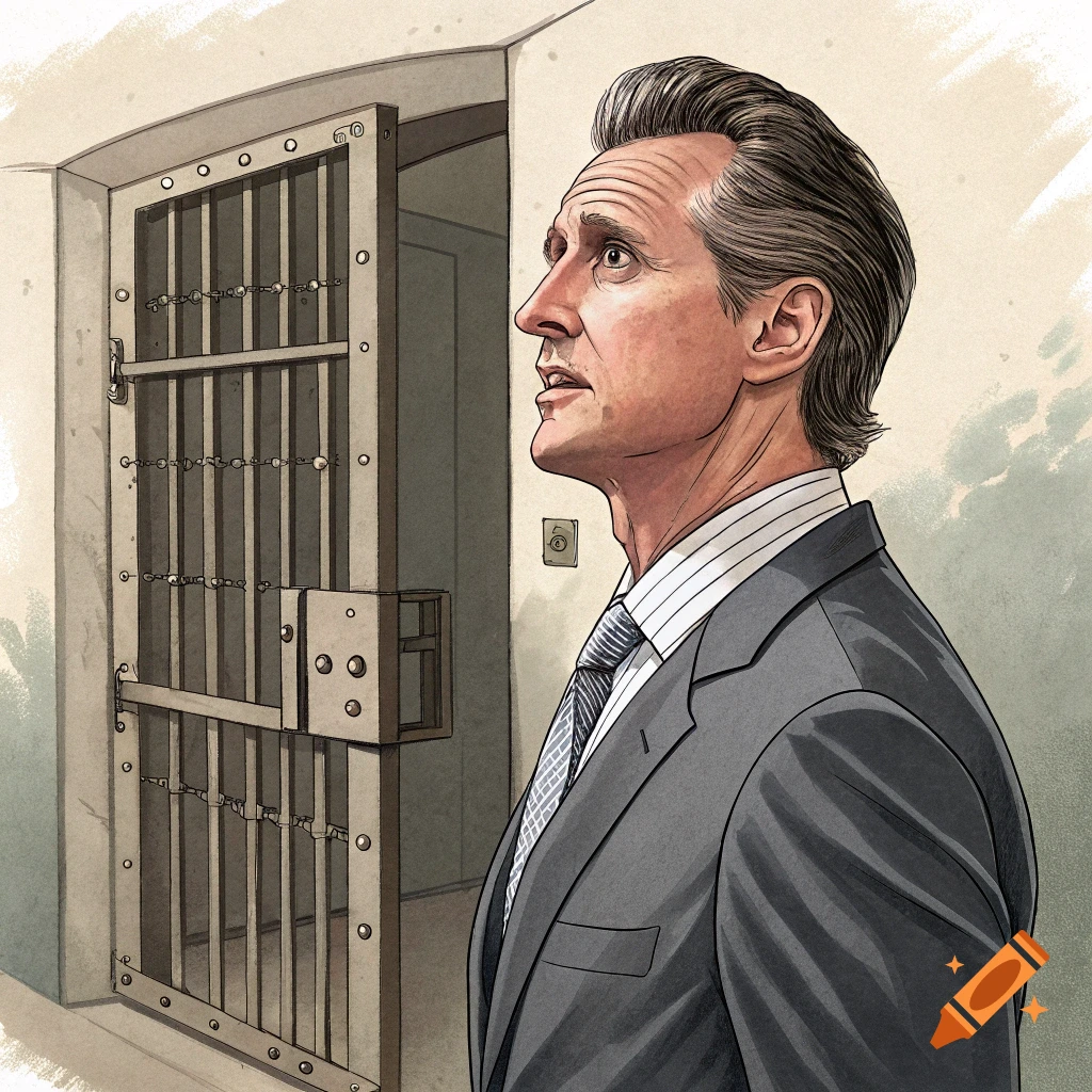 Illustration of a man in a suit standing next to open prison bars