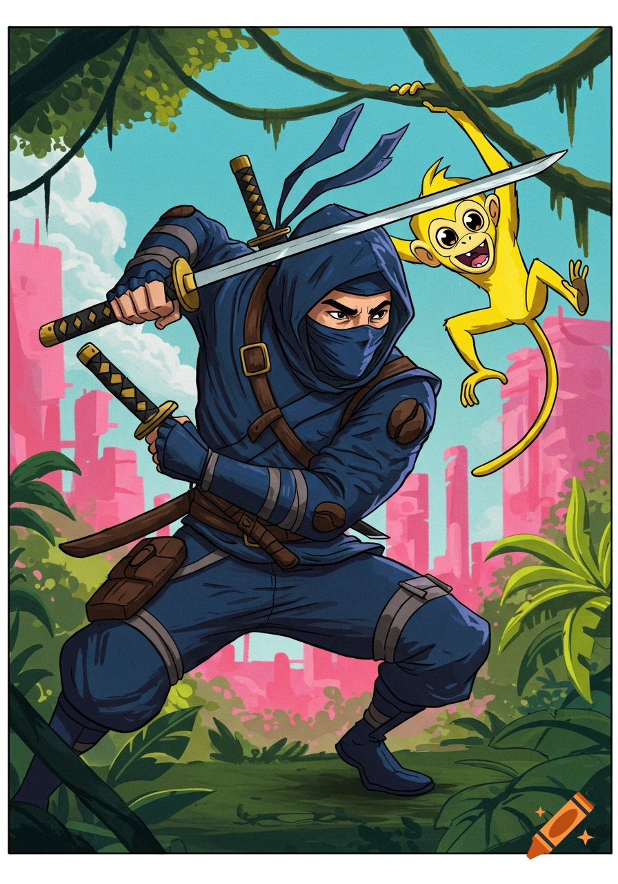 Cartoon illustration of a ninja with swords and a yellow monkey swinging from a tree branch in a jungle.