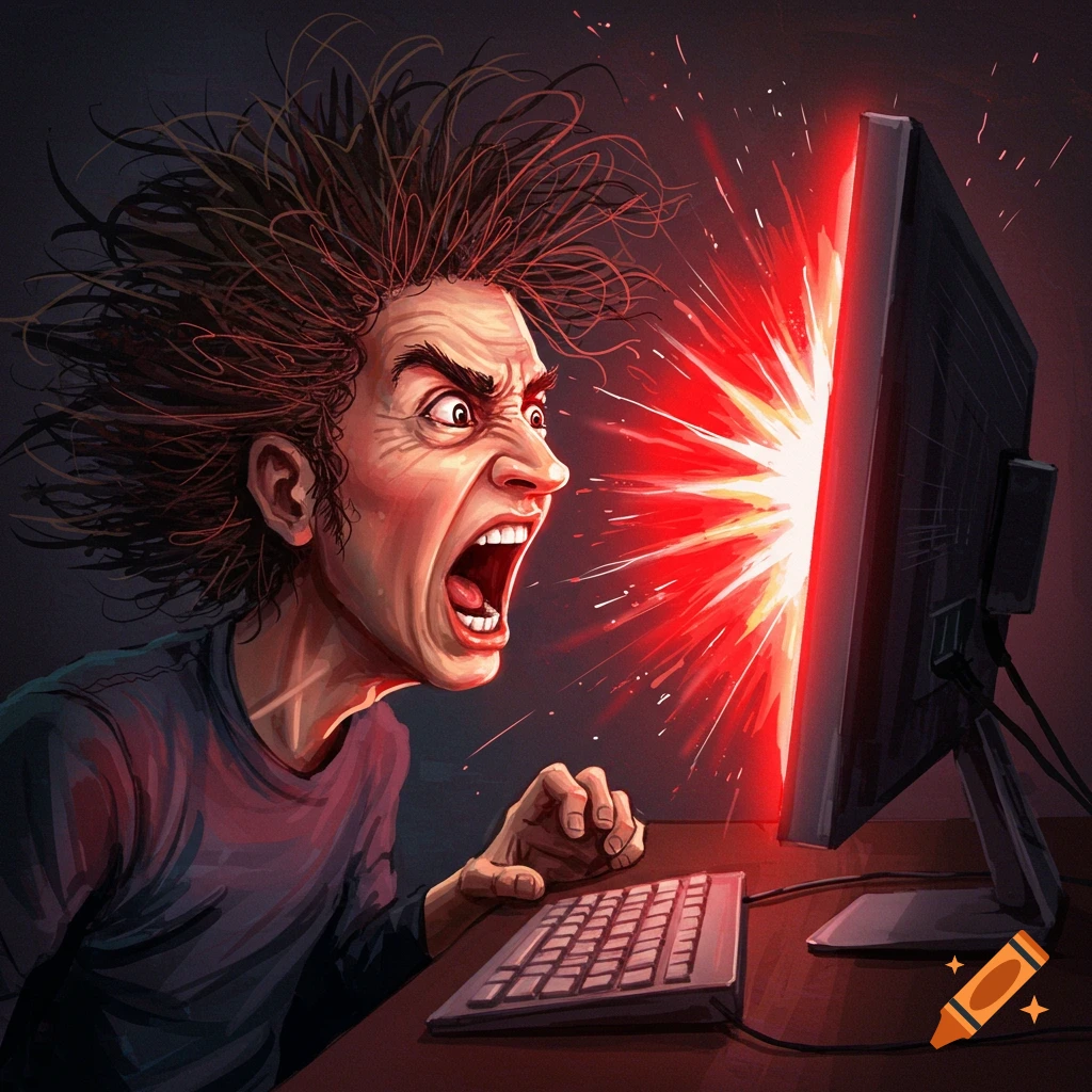 Stylized illustration of an enraged person screaming at a computer monitor emitting a red glow.