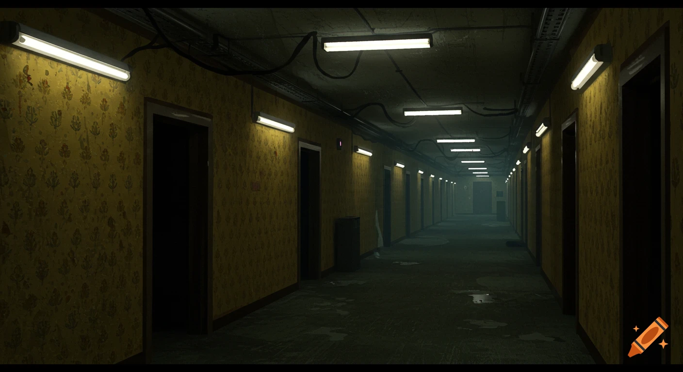 An eerie, dimly lit hallway with yellow wallpaper, fluorescent lights, and wet floor.