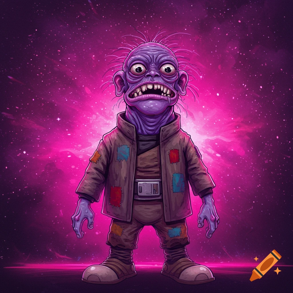 A purple alien character wearing a patched jacket stands in front of a pink and purple galaxy background.